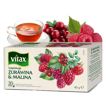 Żurawina malina Vitax herbata owocowa i ziołowa 20 torebek Data ważności 10.2025 r.