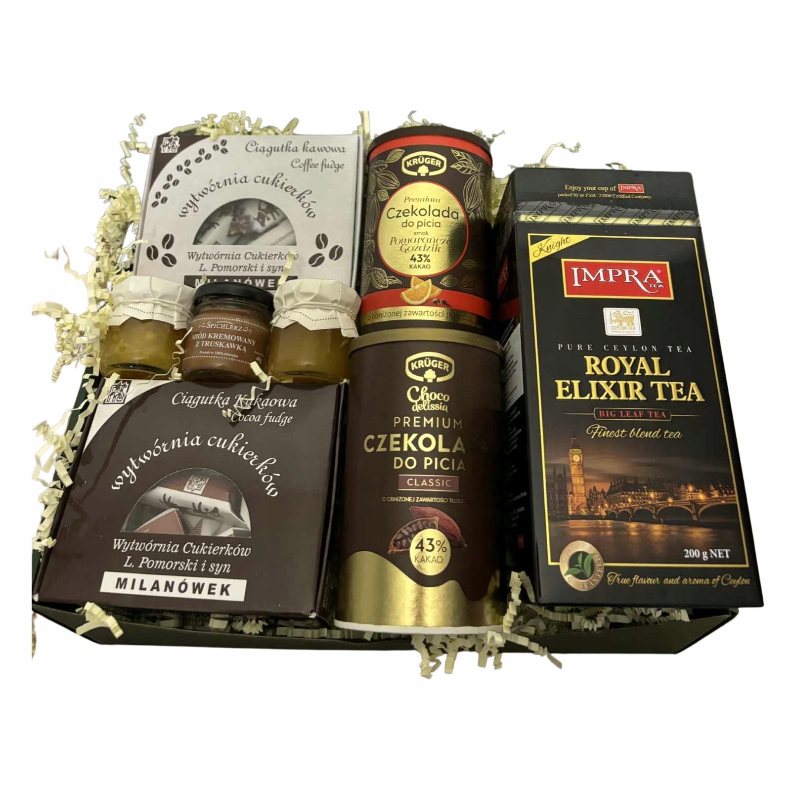 Zestaw prezentowy z czekoladą do picia miodami i herbatą