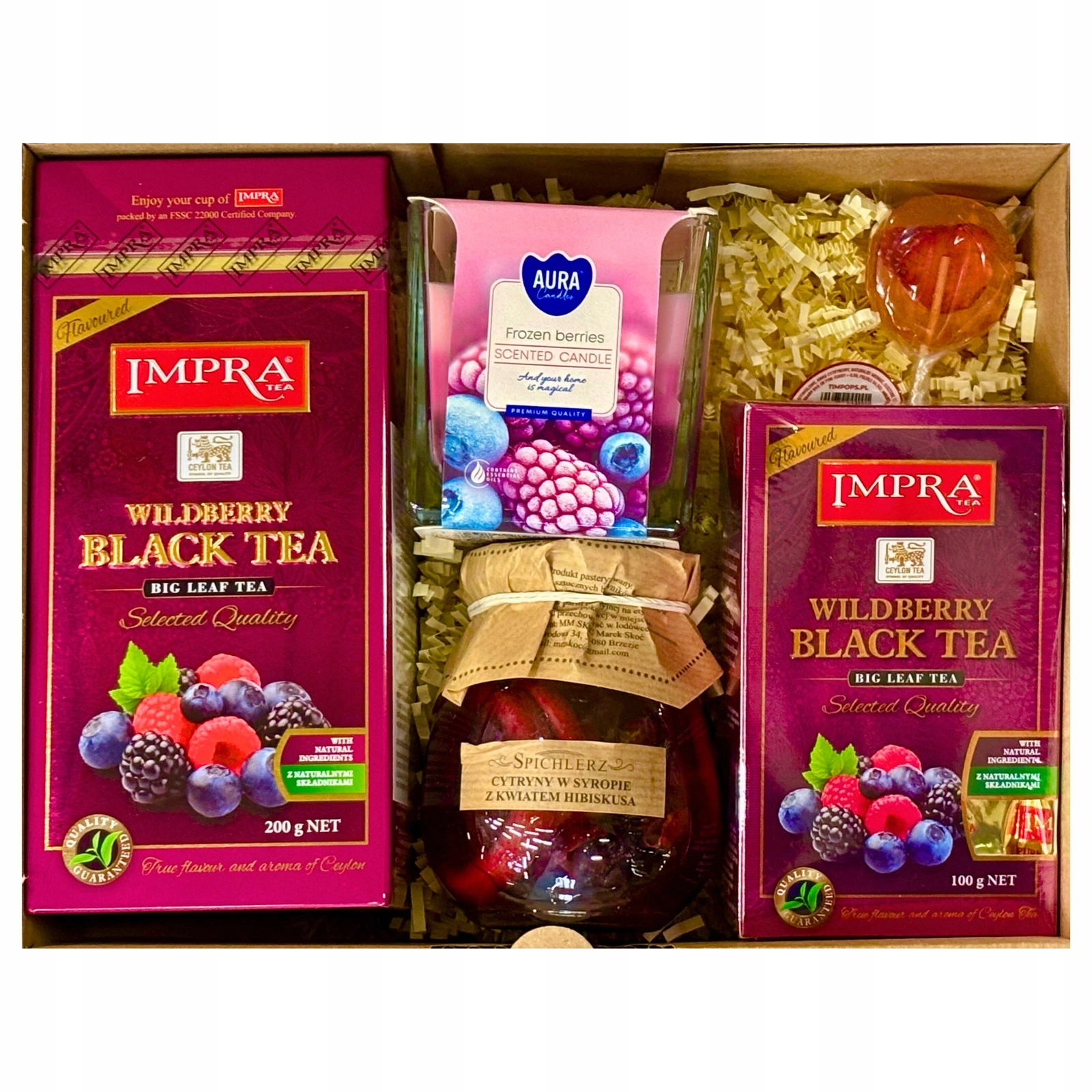 Zestaw prezentowy z herbatami, cytrynami w syropie i świecą
