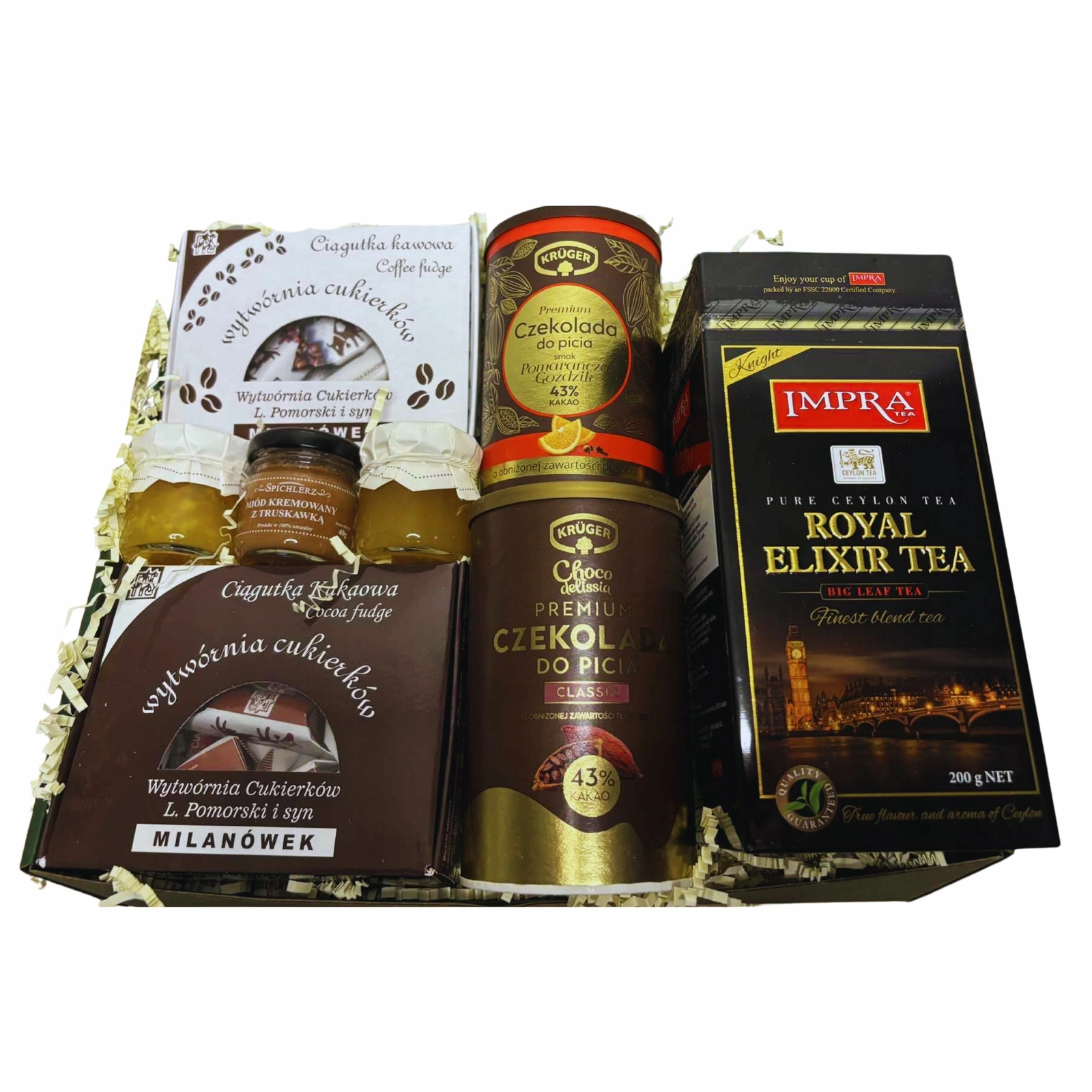 Zestaw prezentowy z czekoladą do picia miodami i herbatą