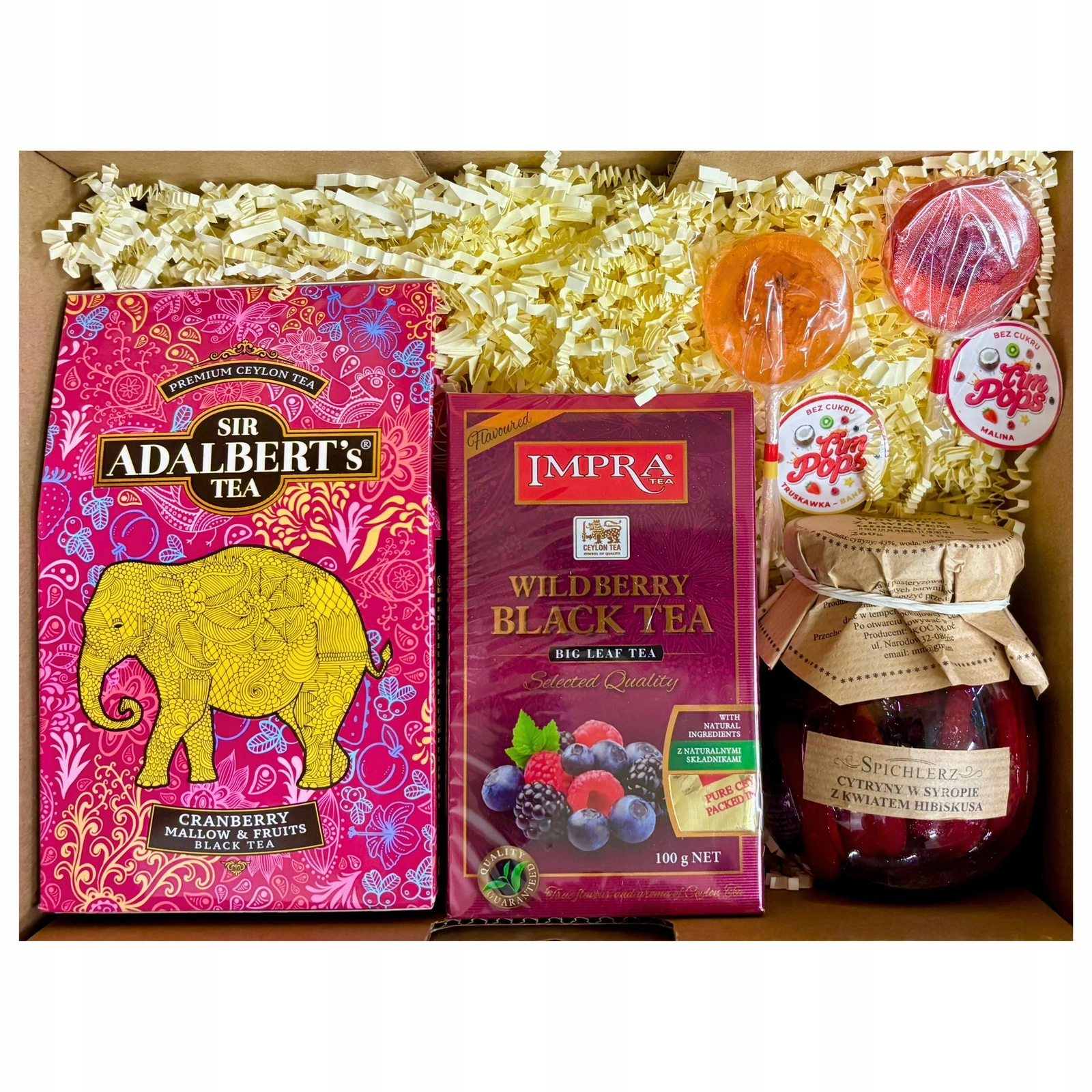 Zestaw prezentowy z herbatami, cytrynami w syropie i lizakami