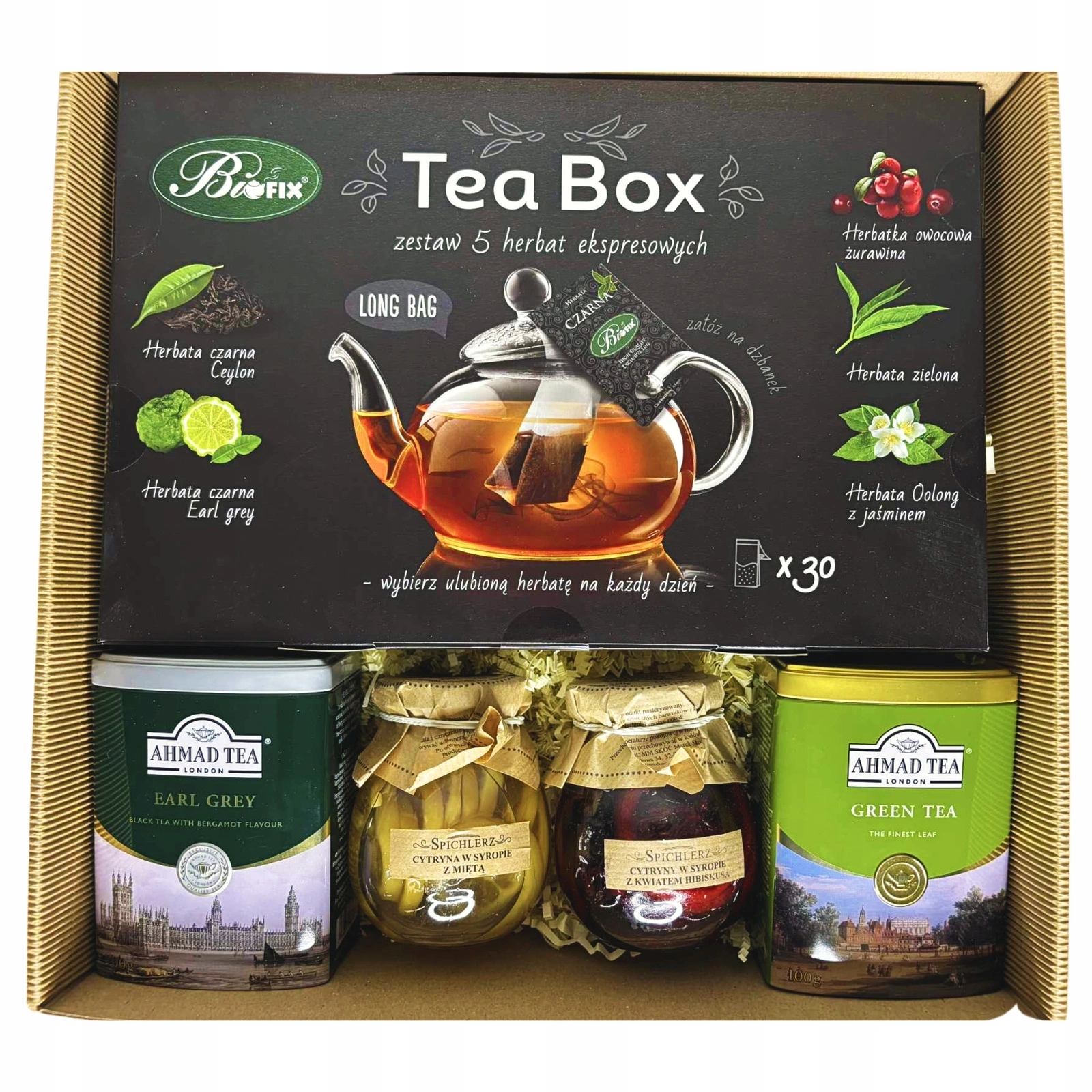 Zestaw prezentowy z cytrynkami w syropie i kolekcją herbat