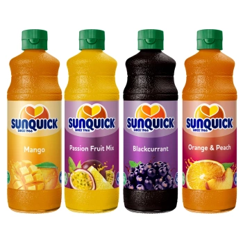 Sunquick zestaw koncentratów do napoju mix smaków 4x700ml - Mango, Porzeczka, Pomarańcza brzoskwinia, Marakuja