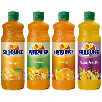 Sunquick Zestaw koncentratów do napoju mix smaków 4x700ml - Mango, Pomarańcza, Marakuja, Owoce tropikalne