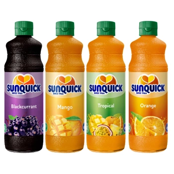 Sunquick Zestaw koncentratów do napoju - 4x700ml - Porzeczka, Mango, Owoce tropikalne, Pomarańcza