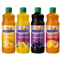 Sunquick zestaw koncentratów do napoju mix smaków 4x700ml - Mango, Porzeczka, Pomarańcza brzoskwinia, Marakuja